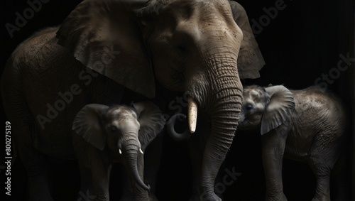 An emotional picture capturing a herd of elephants bonding in dramatic low key lighting