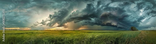 A stormy sky with dark clouds and a field of grass. The sky is filled with lightning and the grass is green
