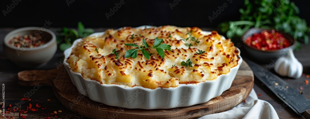 GenGolden shepherd s pie in a ceramic dish, styled with fresh herbserated image