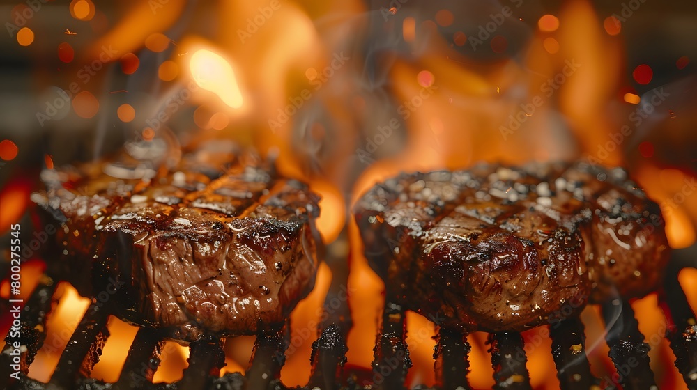 Sizzling steaks on a grill, one above and another below flames, with a closeup of meat against a flame-style background, for a barbecue scene.
