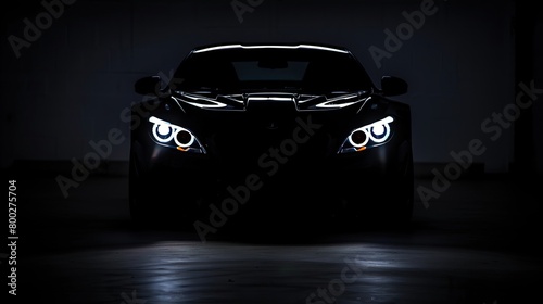 A black car is shown with only the headlights and grill visible in a dark garage or studio.


