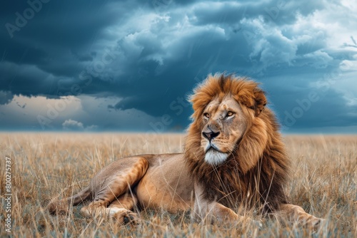 Side view of a Lion walking, looking at the camera, Panthera Leo, A lioness, Panthera leo, sitting on top of a mound, on Savannah, Single lion looking regal standing proudly on a small hill. 