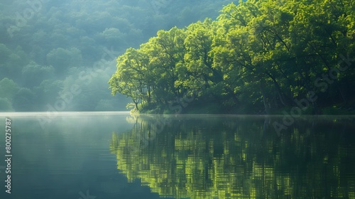 AI generated illustration of a tree line reflected in calm lake water