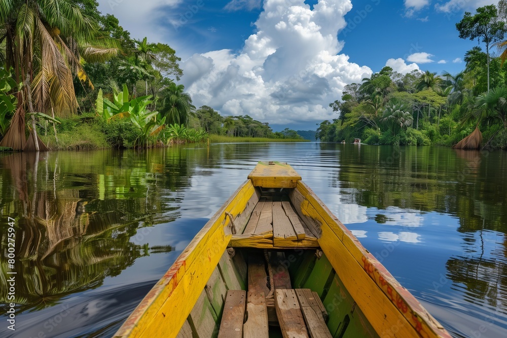 AI generated illustration of a wooden boat floating on a river amid lush greenery