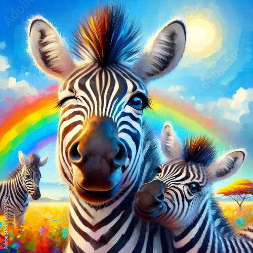 AI generated illustration of zebras in front of a colorful rainbow backdrop