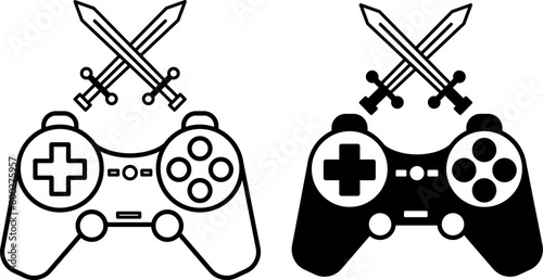 Arcade Game Icons. Black and White Vector Icons of Console and Crossed Swords. Computer Games Concept