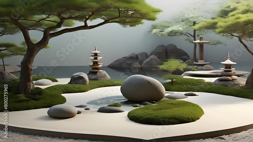 Minimalist Zen: A calm Japanese garden with carefully raked gravel and a lone bonsai plant, perfect for contemplation and meditation, is featured on an uncluttered wallpaper.