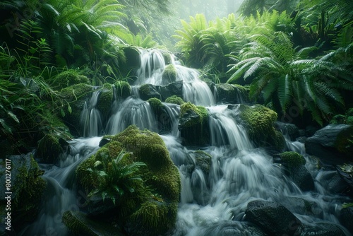 Cascading Waterfall Amidst Lush Tropical Foliage in Verdant Jungle Landscape