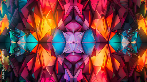 A photo-realistic depiction of a series of geometric shapes in a kaleidoscopic pattern, each segment glowing with intense, saturated colors, captured using precise camera techniques to highlight sharp photo