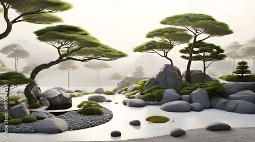 Minimalist Zen: A calm Japanese garden with carefully raked gravel and a lone bonsai plant, perfect for contemplation and meditation, is featured on an uncluttered wallpaper.