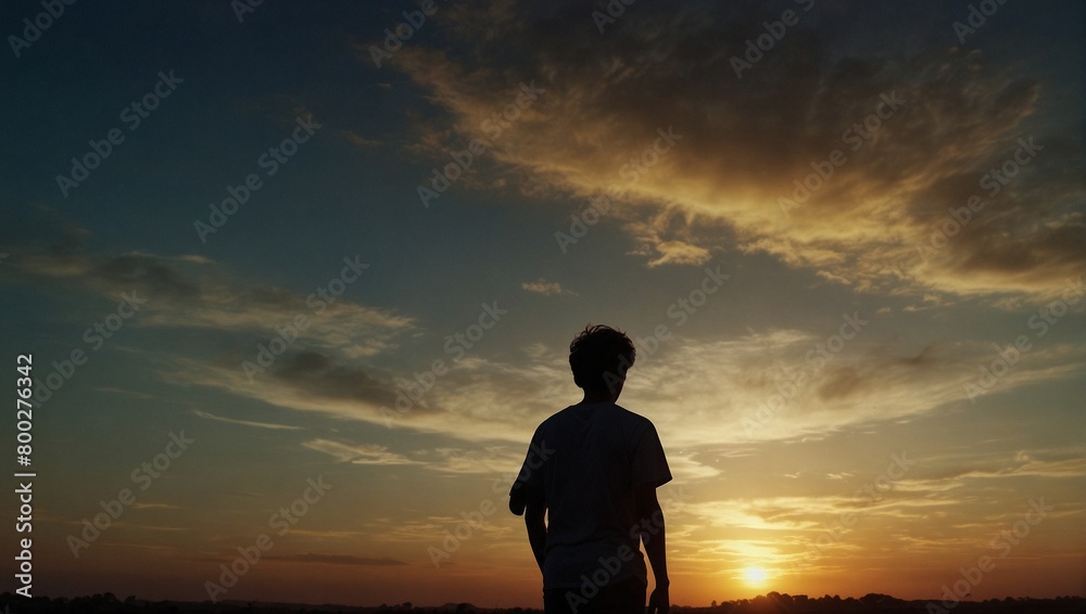 a boy in the evening standing near a body of water