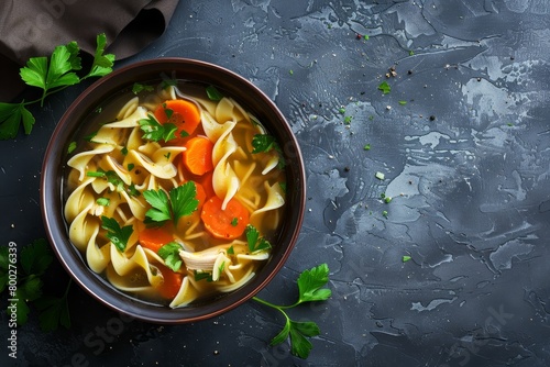 Overhead picture of chicken noodle soup with space for text on slate photo