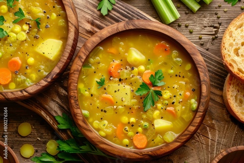 Overhead photo of vegetarian yellow split pea soup with vegetables in wooden bowls focusing on the top © LimeSky