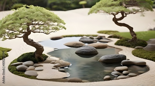 Minimalist Zen: A calm Japanese garden with carefully raked gravel and a lone bonsai plant, perfect for contemplation and meditation, is featured on an uncluttered wallpaper.