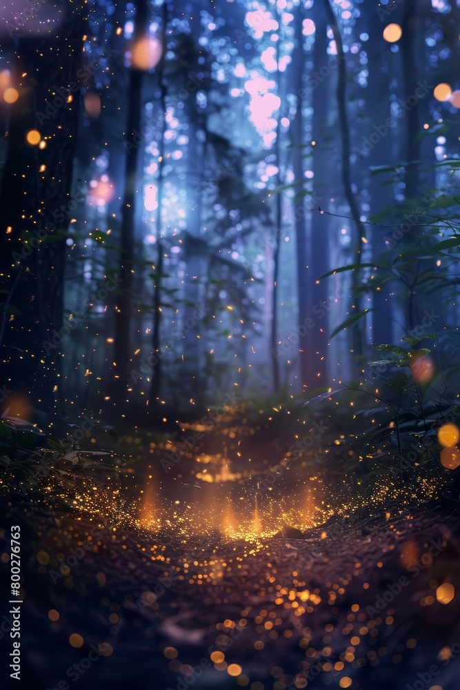 A magical scene of fireflies illuminating a shadowy forest, panoramic view, glowing bright spots on a dark background, soft focus, dreamy atmosphere