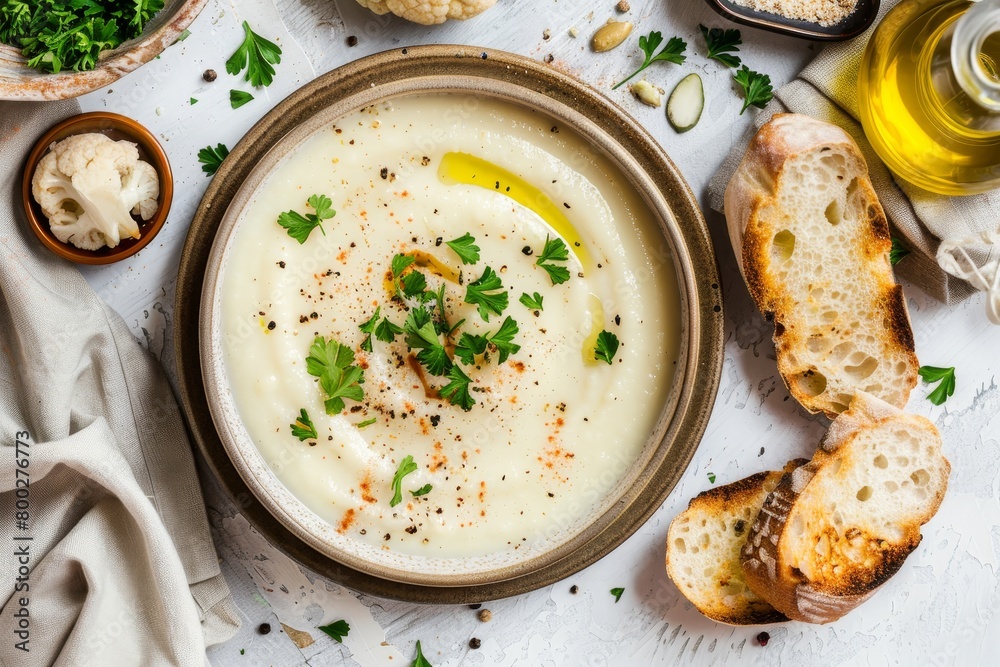 Overhead view of cauliflower soup with parsley olive oil and bread on white table