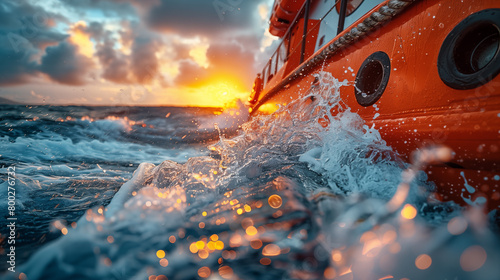 Rescue boat on the sea at sunset, close-up