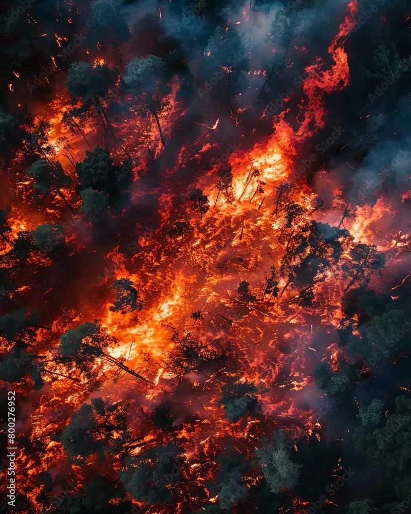 An overhead drone view of a vast expanse of forest midfire, illustrating the fierce spread of the flames Maintain a vivid red and orange palette for a dramatic, urgent feel