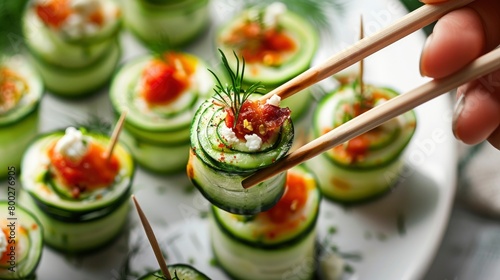 elegant small dish of cucumber rolls with feta cheese, bacon and held in chopsticks photo
