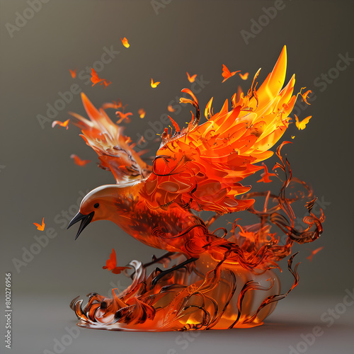 A bird with flames on its wings and a butterfly on its head. The bird is surrounded by fire and smoke, giving the impression of a fiery and chaotic scene. Generative Ai