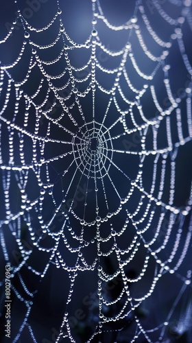 An overhead shot capturing a complex spider web sparkling with dew in moonlight, emphasizing symmetry, ethereal white and silver tones, high resolution, photographic style
