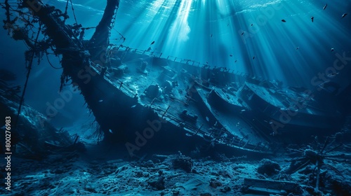 An underwater scene of a sunken ship, eerie and quiet, marine life exploring the wreckage, dark ocean blues, mysterious, filtered light from above