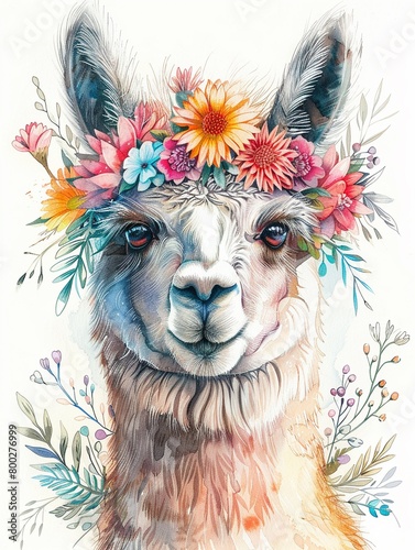 Serene alpaca with a flower wreath, hand drawn watercolor in bright pastel colors