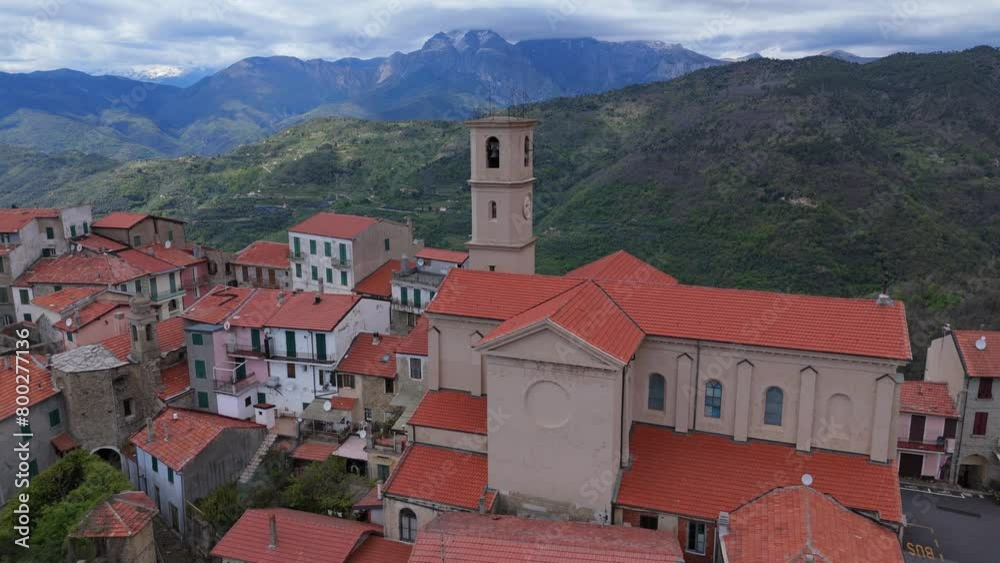 Bajardo Italy drone aerial video of a San Nicolo church old medieval town in the mountains Bajardo Italy drone aerial video of a San Nicolo church old medieval town in the mountains