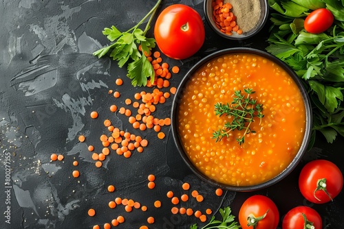 Overhead view of red lentil and tomato vegetable soup on table