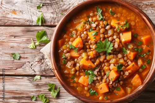 Overhead view of rich sweet potato lentil soup in a bowl on table