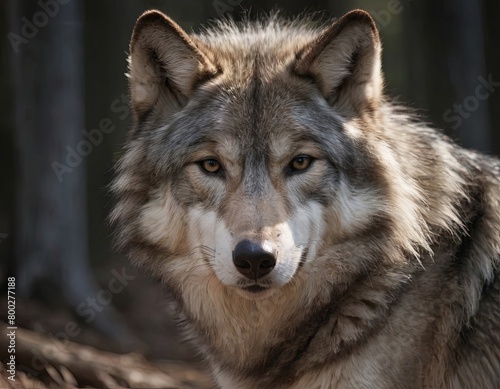 AI-generated illustration of a gray wolf in a forest looking at the camera