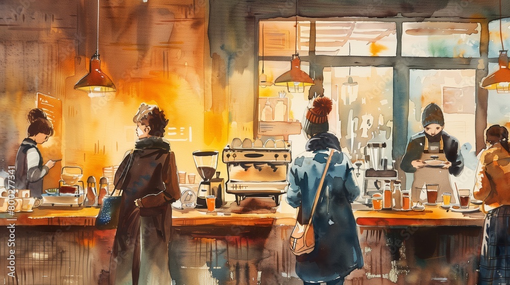 A group of people are standing in a cafe, some of them are wearing hats A group of people are standing in a cafe, some of them are wearing hats