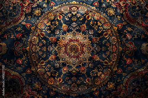 Dark ornate mandala with red and golden motifs on a deep blue background detailed and rich in design