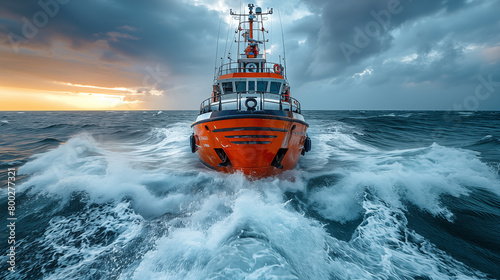 Orange rescue boat in a stormy sea.