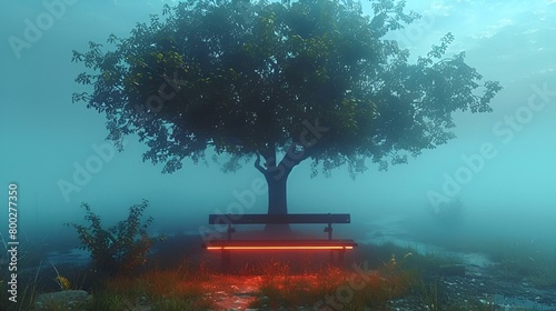 AI generated illustration of an illuminated bench under a tree in a misty forest