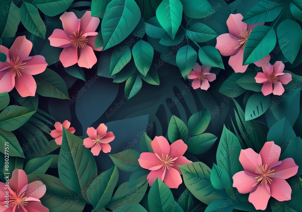 A lush green background with a bunch of pink flowers A lush green background with a bunch of pink flowers