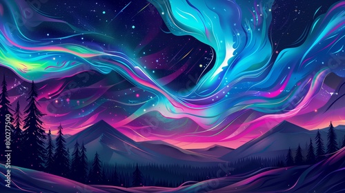 A colorful painting of a mountain range with a purple aurora in the sky