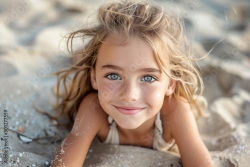 selfie of a little girl lying on the sand on the seashore © Michael