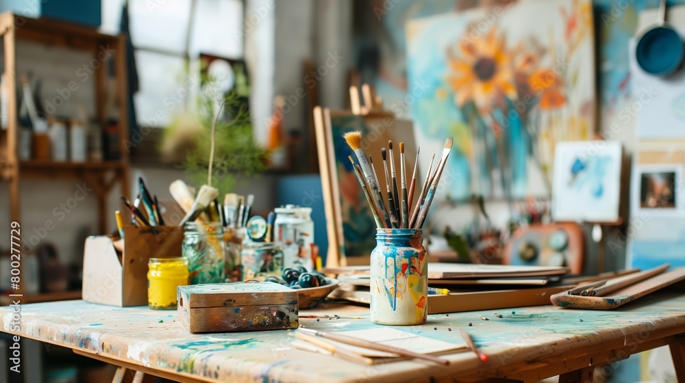 A messy art studio with a table full of paint and brushes A messy art studio with a table full of paint and brushes