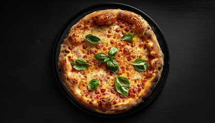 Pizza Margherita seen from above with traditional ingredients tomato sauce basil and mozzarella cheese on a black background