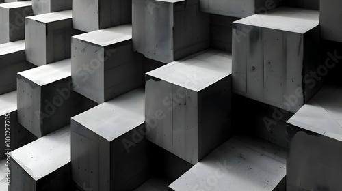 A photograph capturing an arrangement of geometric squares in a gradient, transitioning smoothly from deep black to light gray, simulating depth and three-dimensionality. photo