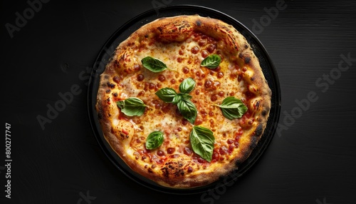Pizza Margherita seen from above with traditional ingredients tomato sauce basil and mozzarella cheese on a black background