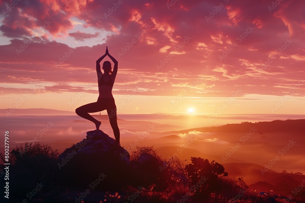 AI generated illustration of a woman practicing sunrise yoga on mountain top