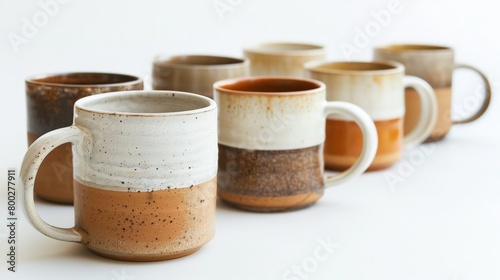 A row of coffee mugs with different colors and designs
