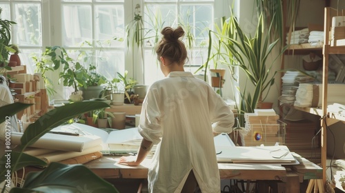 A woman is sitting at a desk with a plant in front of her