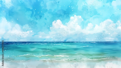 A painting of a blue ocean with a cloudy sky