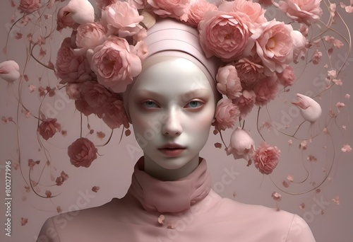AI generated illustration of a woman adorned in a pink floral hat