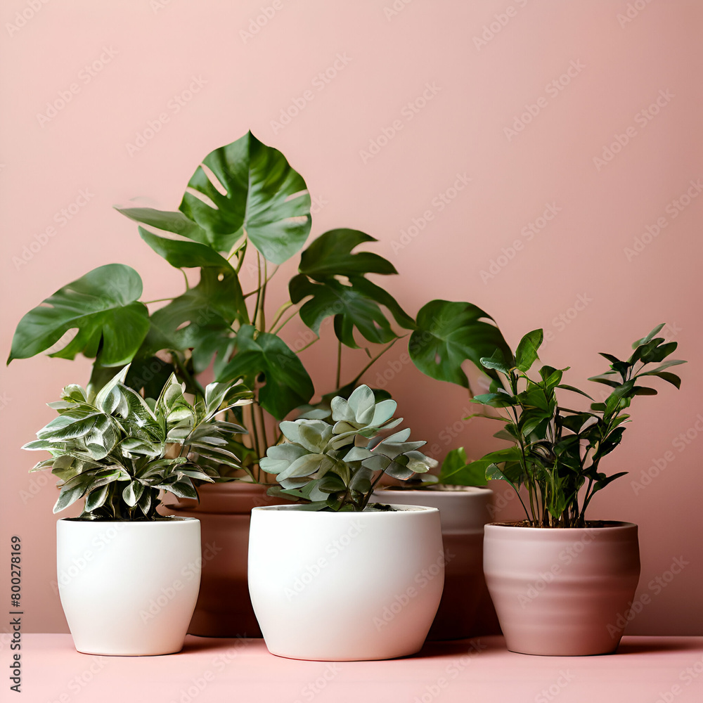 Obraz premium plant in pots with background concept blank space pottery planters stylish containers,ndoor potted plants in various shaped pots on grey background. Plant styling concept with,generate ai