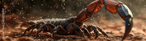A tensionfilled closeup of a scorpion s tail poised to strike, harsh lighting emphasizing the glossy exoskeleton, sharp focus, contrasting colors, unsettling and dramatic photo