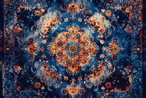 Vibrant mandala with shades of red and orange on a blurred dark blue backdrop featuring intricate patterns